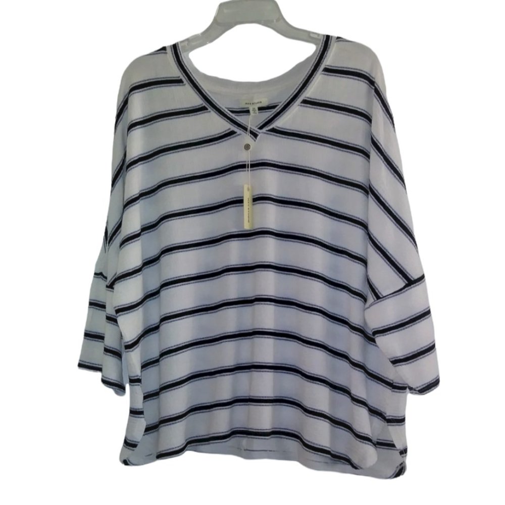 Women MAX STUDIO three-quarter sleeve blouse,  black and white stripes, size 2x